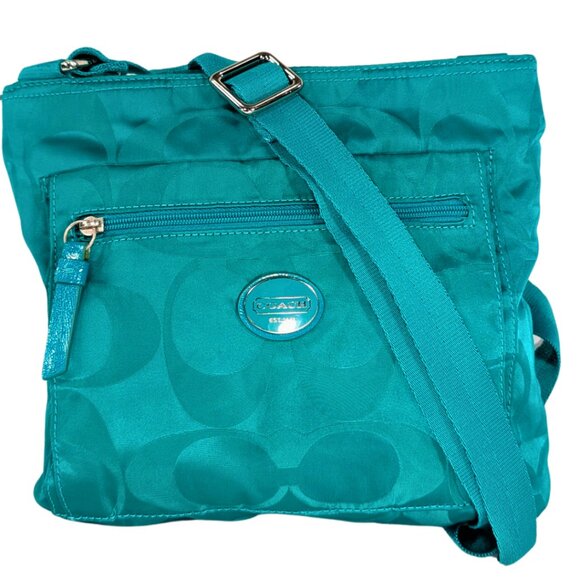 Coach Green Signature Nylon Sateen Getaway File Zip Crossbody Purse F77408 - Picture 1 of 11